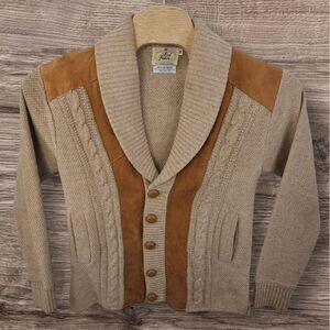 Vintage 60's Lord James Shawl Cardigan Sweater Knit‎ Tan Acrylic Leather Suede